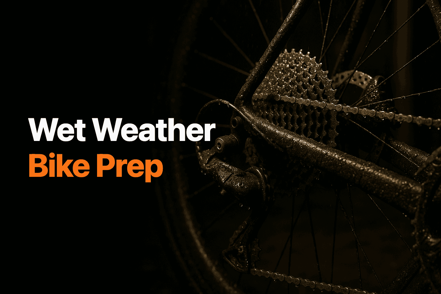 Wet road bike drivetrain and disc brake covered in rain and road grit